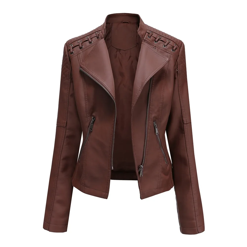 Top Trends: Women Faux Leather Jacket European Size Coat 2023 New Spring Autumn Moto Biker Zipper Jacket Purple Coffee Yellow Red Brown Navy Shoppable Styles - Image 3