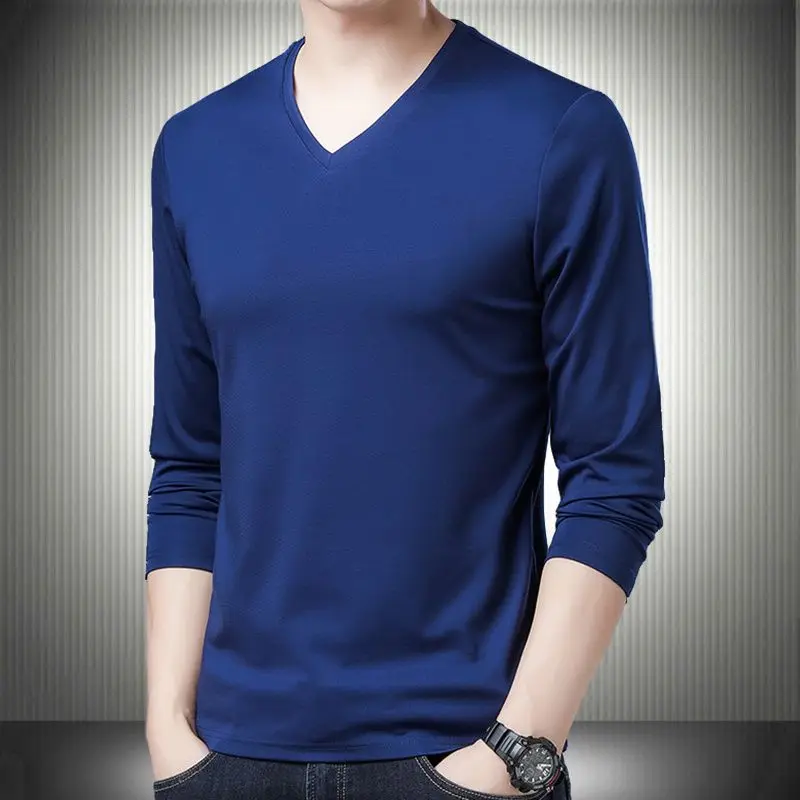 Top Trends: New Promotional Autumn Men Clothing Long Sleeve T-shirt Solid V-neck Bottoming Basic Versatile Business Casual Loose Tops 2023 Shoppable Styles