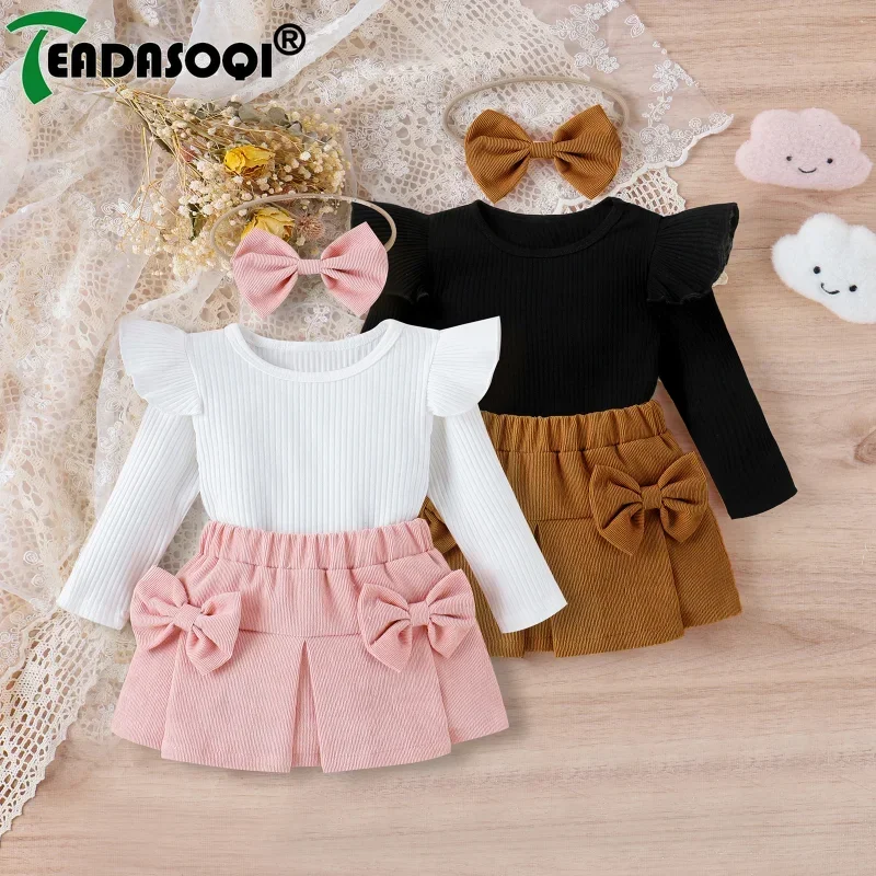 Top Trends: 0-3Y New Baby Girls Clothing Outfits Newborn Flying Sleeve Ribbed Tops And Corduroy Mini Skirt Headband Set Infant Clothes Suit Shoppable Styles