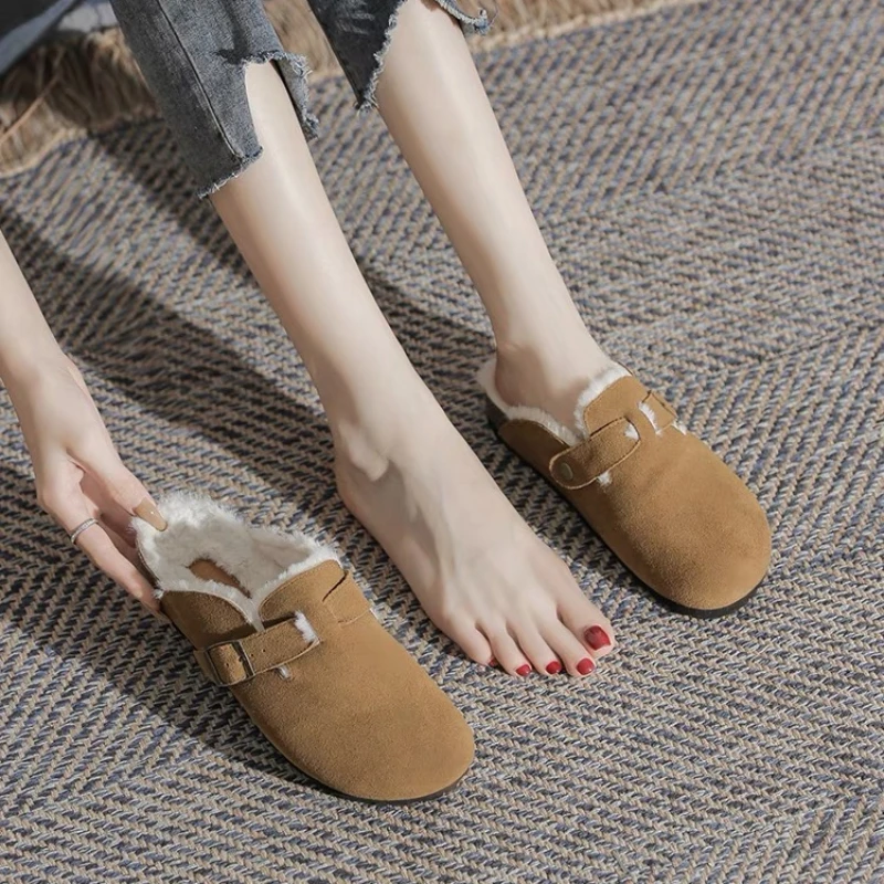 Top Trends: Winter Women's Closed Toe Slippers Cow Suede Clog Sandals Women's Retro Fashion Garden Mules Indoor Cotton Shoes Plush Keep Warm Shoppable Styles - Image 5