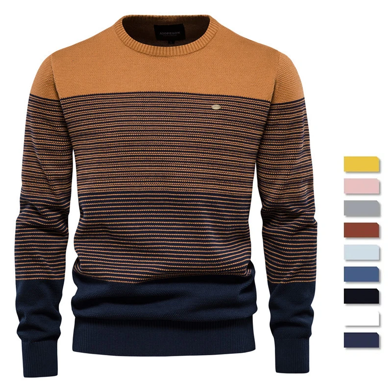 Top Trends: 2023 Autumn Retro Round Neck Pullover Top Long Sleeve Trendy Men's Sweater Slim Fit Round Neck Striped Men's Size Knit Sweater Shoppable Styles