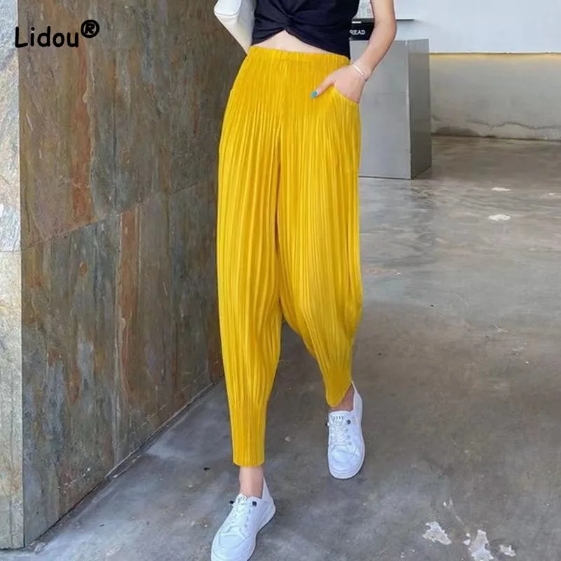 Top Trends: Women's Clothing Chic Folds Casual Harem Pants Summer Elastic High Waist Fashion Solid Color Loose Cropped Pants For Female Shoppable Styles