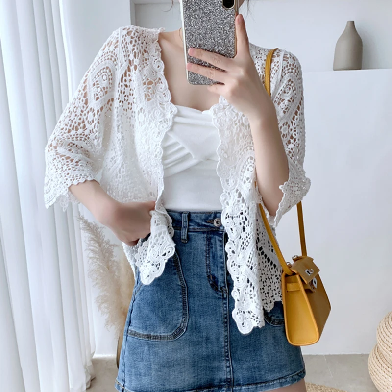 Top Trends: Shawl Summer Outerwear Cardigan Women&#039;s Thin Cut Hollowed Out Knitted Small Jacket Short Cover Up Very Fairy Sun Proof Air-condi Shoppable Styles