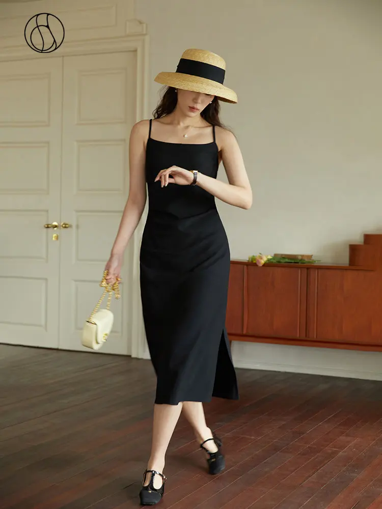 Top Trends: DUSHU Women Long Black Slip Dress Slit Design Elegant Square Neck Slip Dress Adjustable Strap Spring Women Solid Dress Shoppable Styles