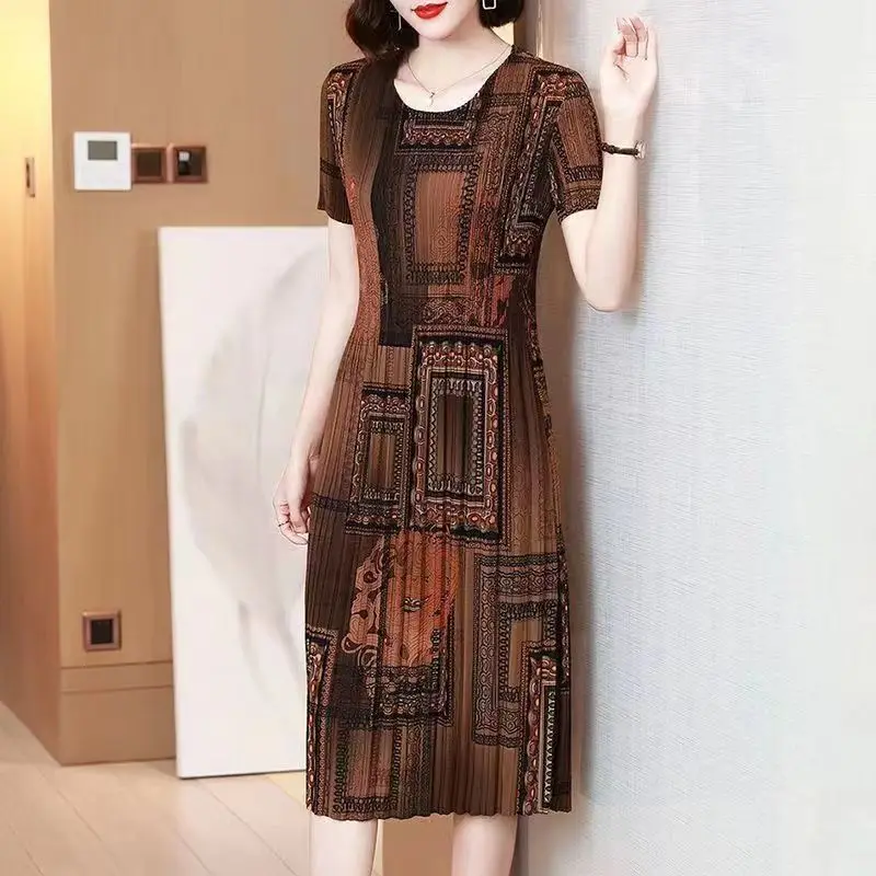 Top Trends: Vintage Geometric Printing Summer Clothes For Women O-Neck Pleated Middle Length Short Sleeve Pullover Blue Brown Dresses Shoppable Styles