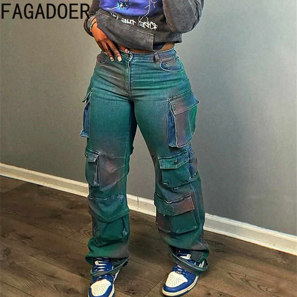 Top Trends: FAGADOER Fashion Tie Dye Print Pocket Denim Cargo Pants Women High Waisted Button Straight Trousers Casual Female Cowboy Bottoms Shoppable Styles