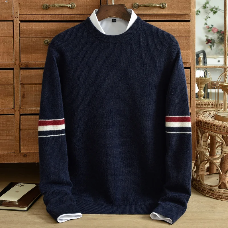 Top Trends: Winter High Quality Pure Cashmere Sweater Men's Large Thickened Round Neck Pullover Striped Jacquard Casual Knit Sweater Shoppable Styles