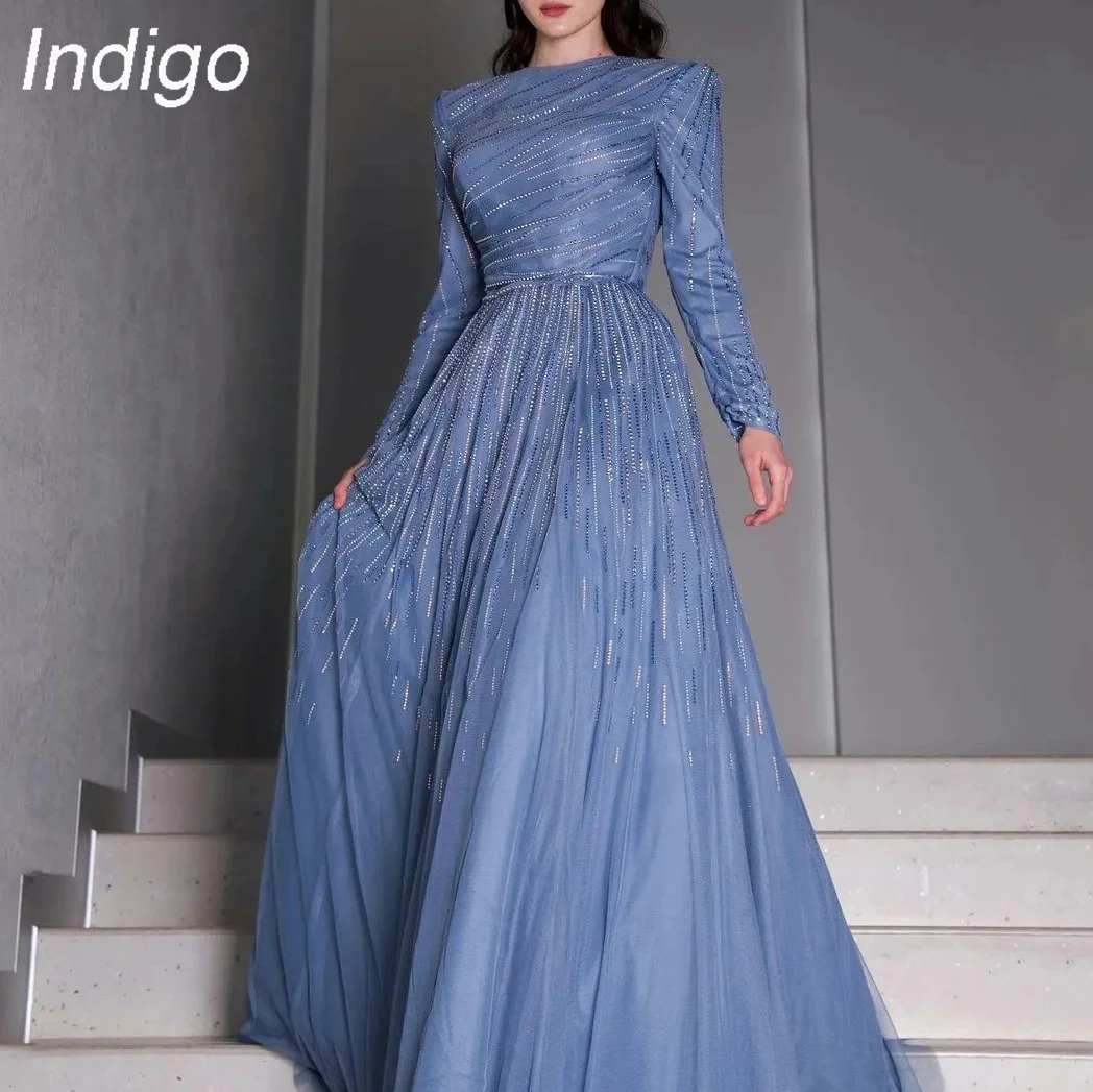 Top Trends: Indigo Prom Dresses O Neck Full Sleeves Beads A Line Floor-length Formal Occasion Dress For Women 2024 Vestidos De Gala Mujer Shoppable Styles