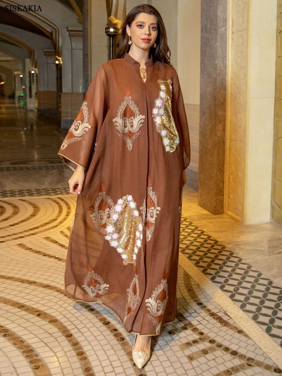 Top Trends: Siskakia Fashion Muslim Moroccan Caftan Dubai Abaya Dress Chic Sequins Embroider Notched Stand Collar Evening Party Robe Women Shoppable Styles