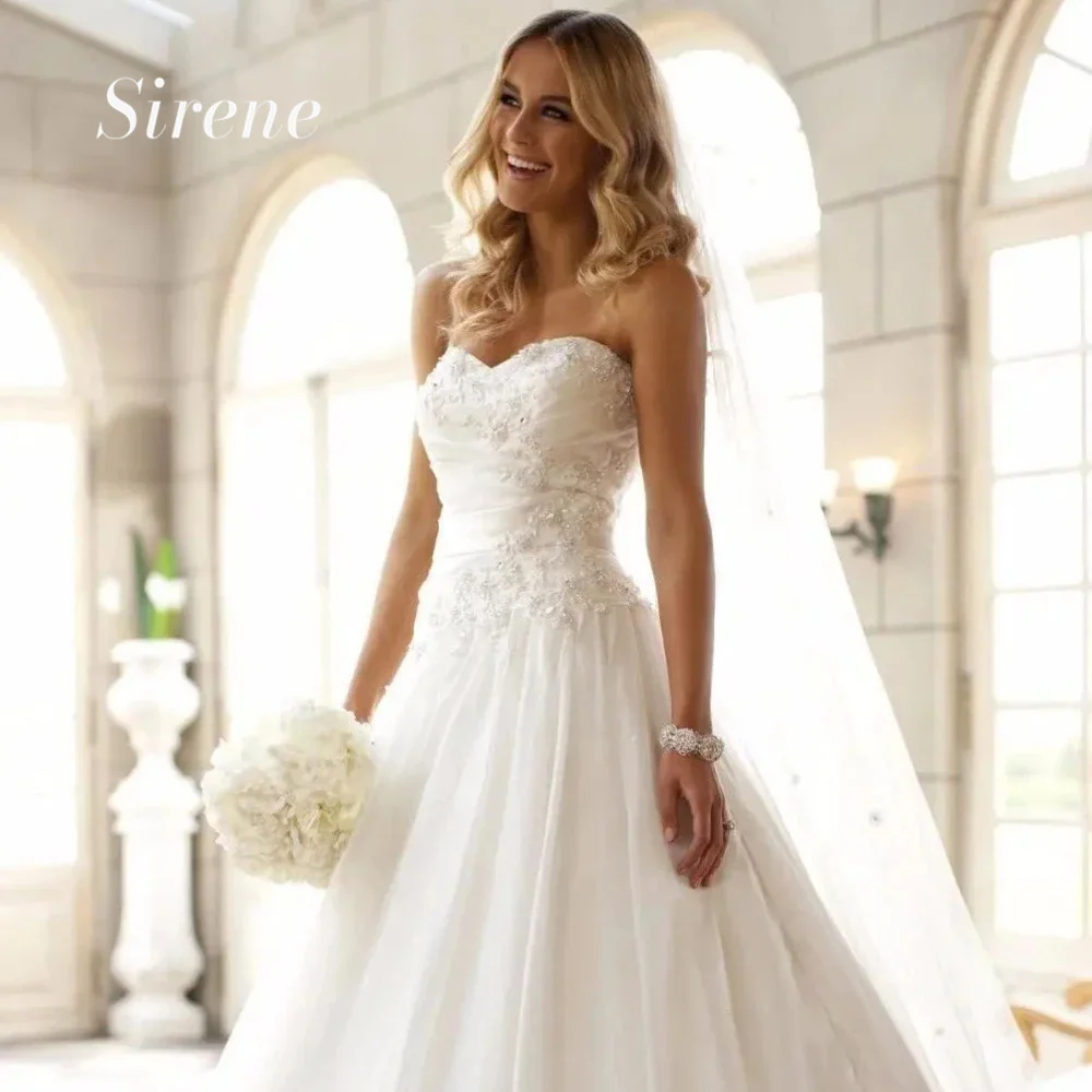 Top Trends: Sirene Luxury Strapless Lace Applique Tulle Wedding Dress Princess Sweetheart A-Line Floor Length Sleeveless Lace Up Bridal Gown Shoppable Styles