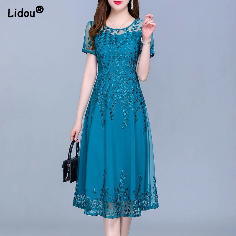 Top Trends: Round Neck Solid Color Temperament Dresses Embroidery Graphic Casual Women's Clothing Knee Skirts Retro Thin Summer Dignified Shoppable Styles