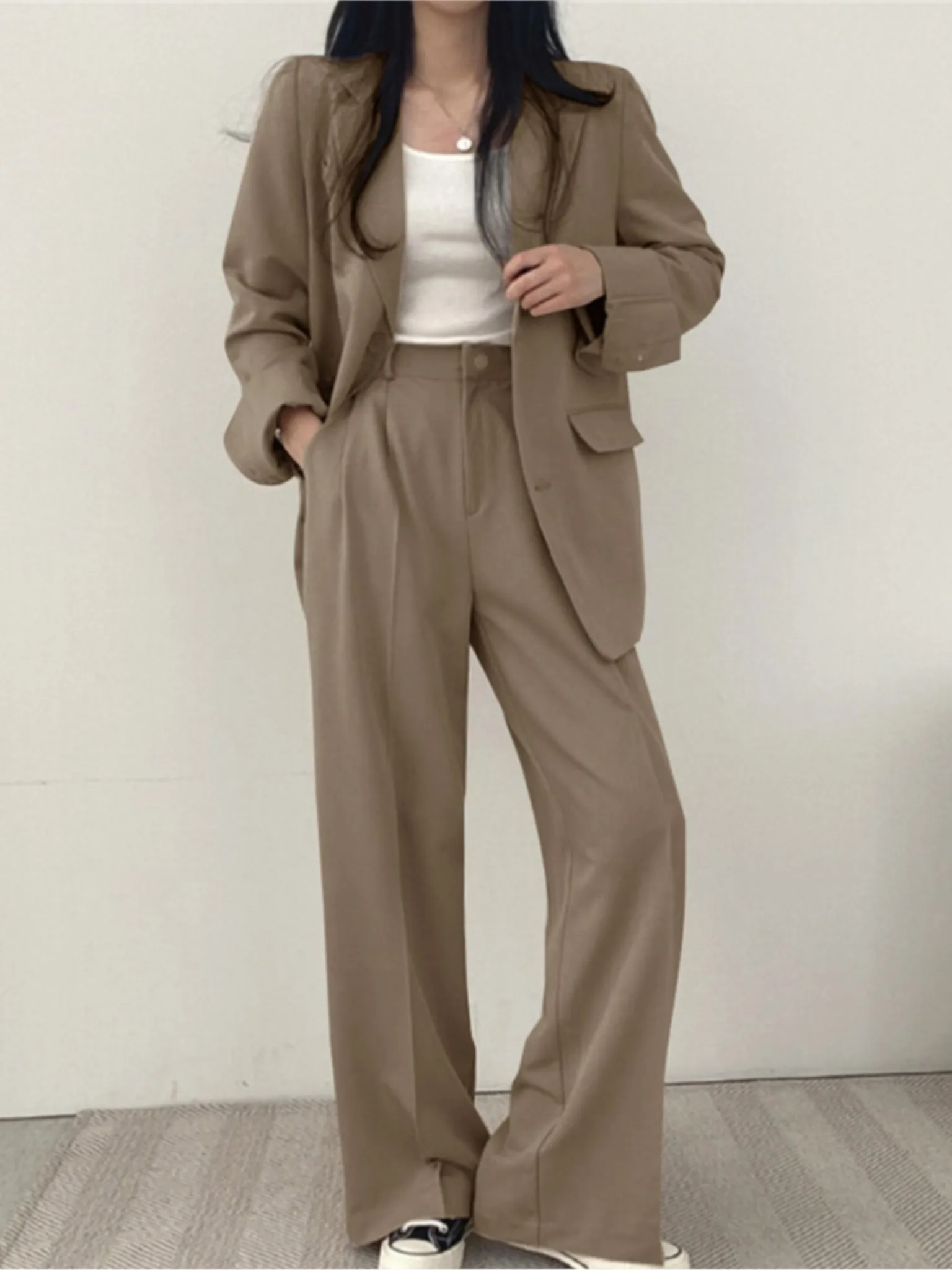 Top Trends: Women&#039;s Korean Blazer Two-Piece Set Office Lady Fashion Work Outfits Button Jacket Wide Leg Pants Suit Autumn New Casual Clothes Shoppable Styles