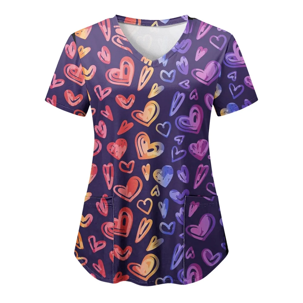 Top Trends: Valentine Day Nurse Uniform Women Heart Love Print Medical Scrubs Working Short Sleeve Uniform Blouse Scrubs Nursing Working Shoppable Styles