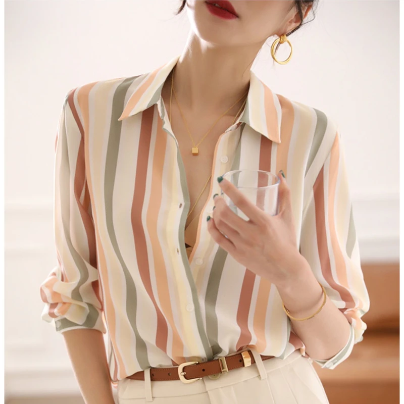 Top Trends: Stripe Women Shirt Satin Vintage Shirt For Women 2023 Autumn Clothes Korean Fashion Shirts And Blouses Basic Elegant Womens Tops Shoppable Styles