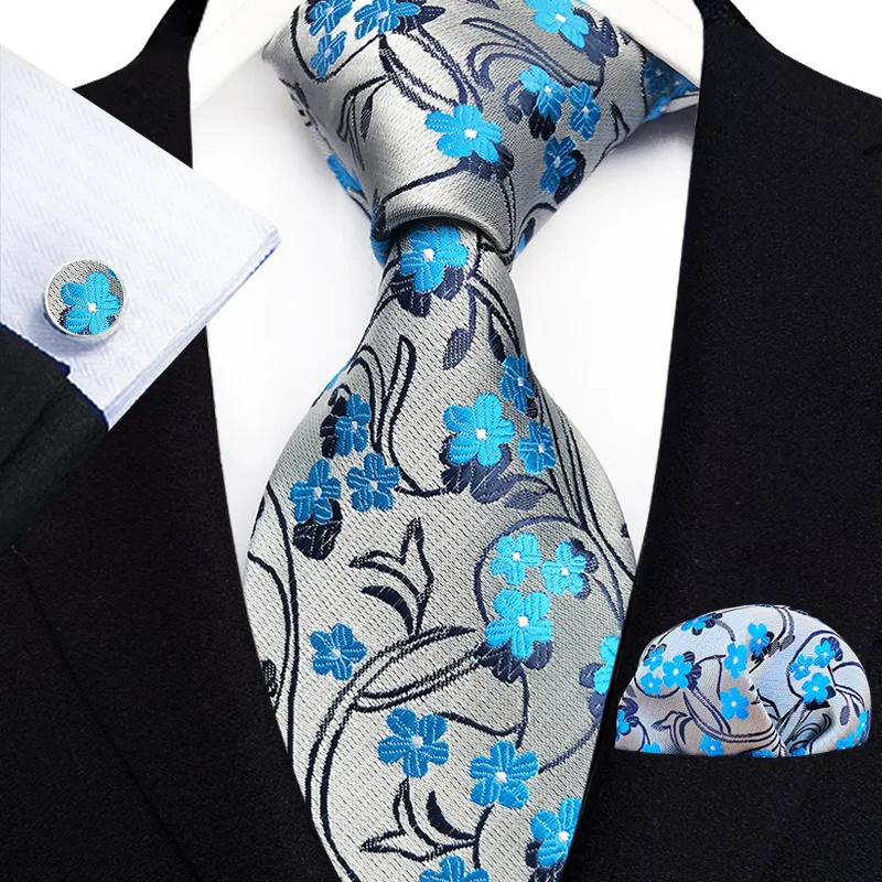 Top Trends: 100% Silk Floral Blue Ties For Men Wedding Party Business Man Tie Handkerchief Brooch Cufflinks Set Men Accessories Gravata Shoppable Styles