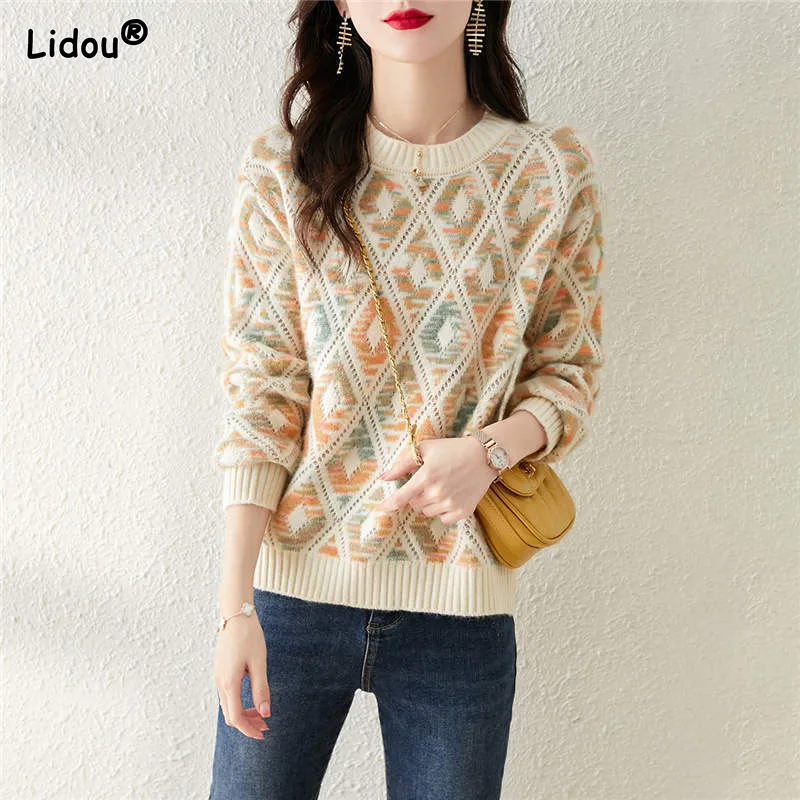 Top Trends: O-Neck Spliced Knitting Sweaters Argyle Hollow Out Medium Strech Pullovers Prairie Chic Silm Wild Women's Clothing Autumn Winter Shoppable Styles