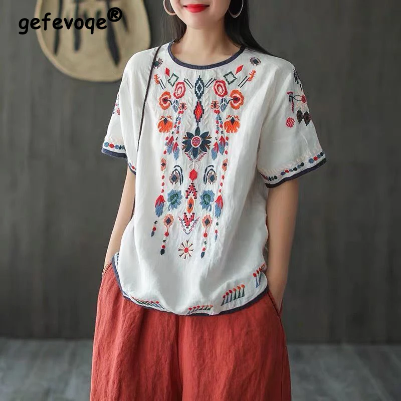 Top Trends: Vintage Ethnic Style Embroidery Cotton Linen Top Blouse Women Vacation Summer Casual Loose Short Sleeve All Match Shirts Blusas Shoppable Styles