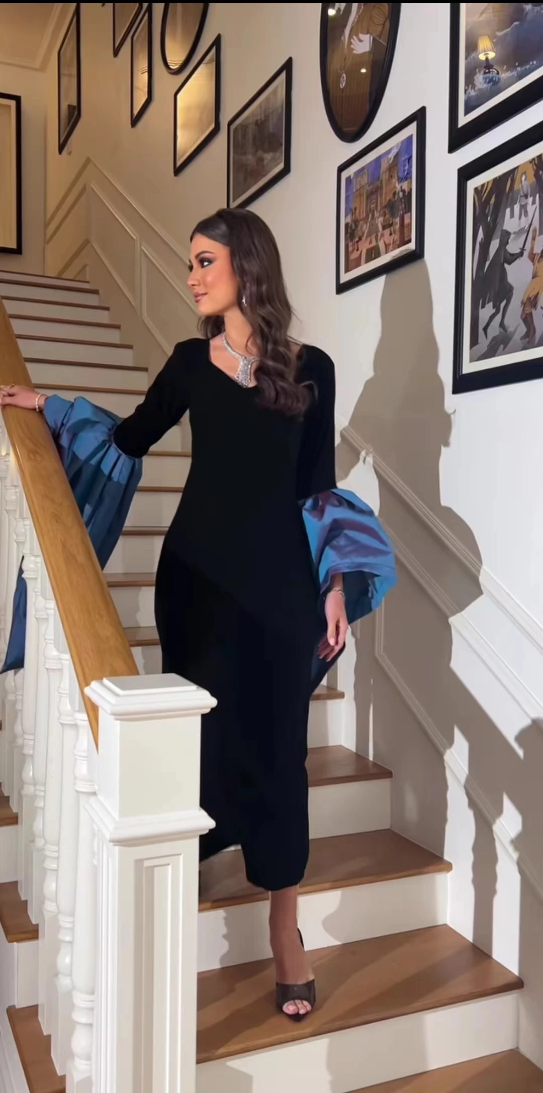 Top Trends: AsaNagi Black V Neck Evening Dresses Ankle-Length Blue Flare Sleeves Elegant Formal Occasion Dress 2023 Can Customizable Shoppable Styles