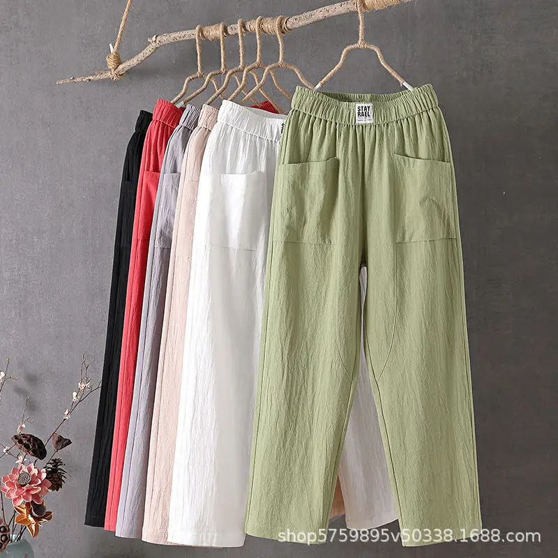 Top Trends: Summer Casual Cotton Linen Harem Pants Women Large Size Loose High Waist Elastic Ankle-length Pants Solid Lady Pocket Trousers Shoppable Styles