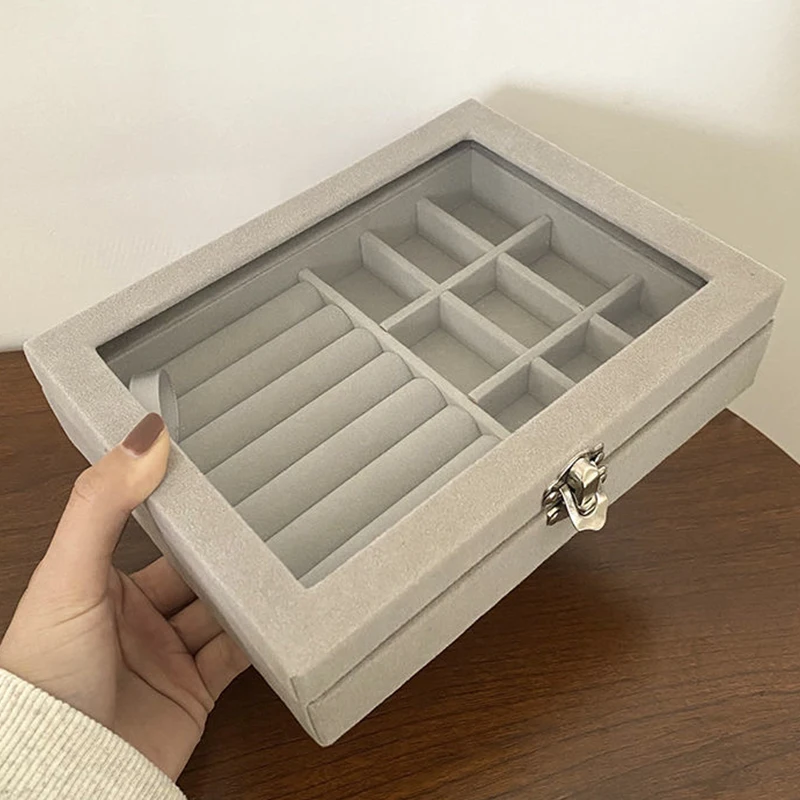 Top Trends: Velvet Gray Carrying Case With Glass Cover Jewelry Ring Display Box Tray Holder Storage Box Organizer Earrings Ring Bracelet Shoppable Styles