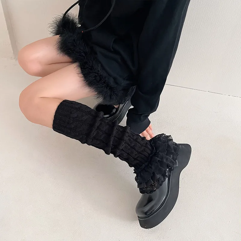 Top Trends: Multi-Layer Lace Leg Warmer Japanese Style Autumn Winter Twist Stripes Knitted Long Socks JK Bunching Socks Boot Cuffs Shoppable Styles - Image 6