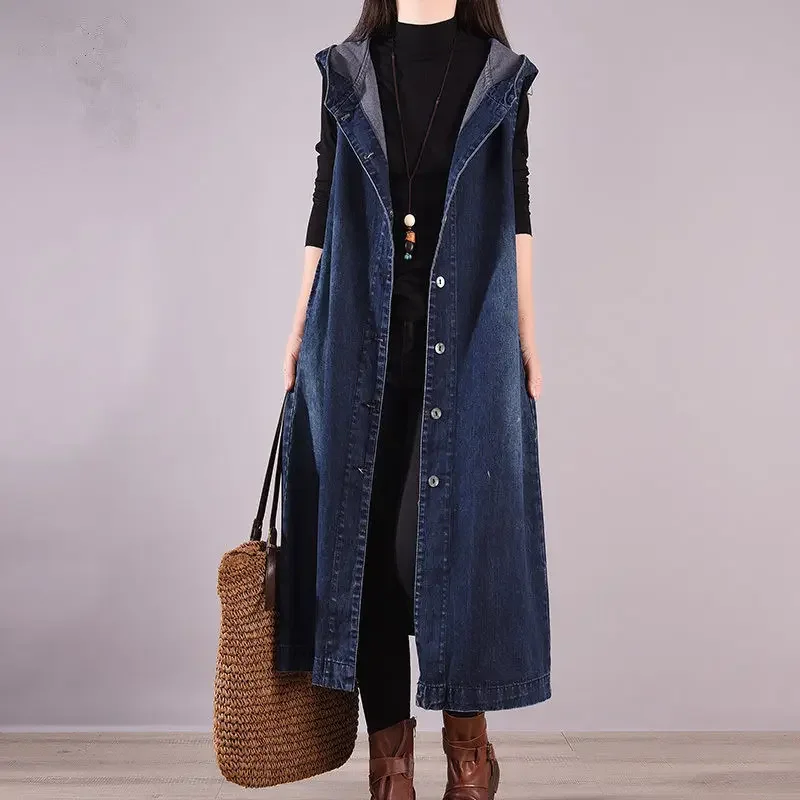 Top Trends: Denim Jacket Women&#039;s Spring And Autumn Plus Size Long Sleeveless Hooded Vest Korean Loose Long Jacket Denim Vest Shoppable Styles