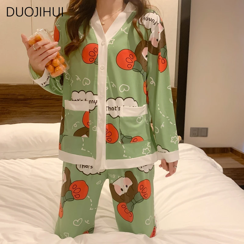 Top Trends: DUOJIHUI Two Piece Basic V-neck Cardigan Female Pajamas Set Simple Pant Fashion Pocket Sweet Print Casual Home Pajamas For Women Shoppable Styles