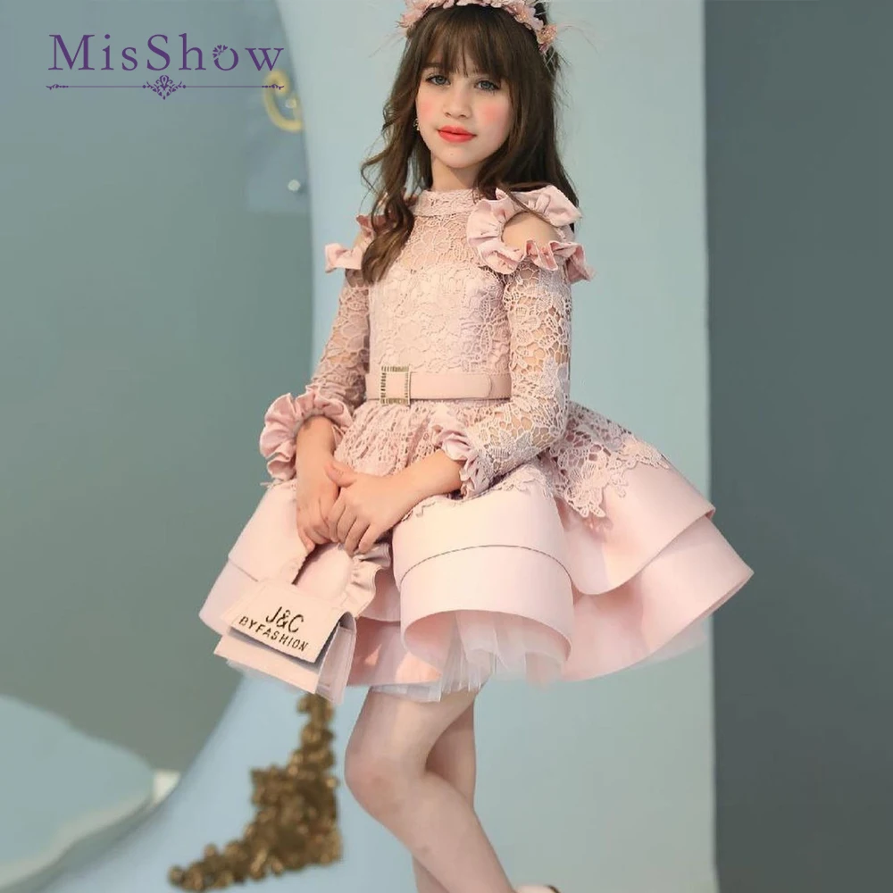 Top Trends: MisShow Communion Girl Princess High Neck With Illusion Sleeve Lace Corest Fluffy Skirt Ball Gown Formal Party Junior Bride Shoppable Styles