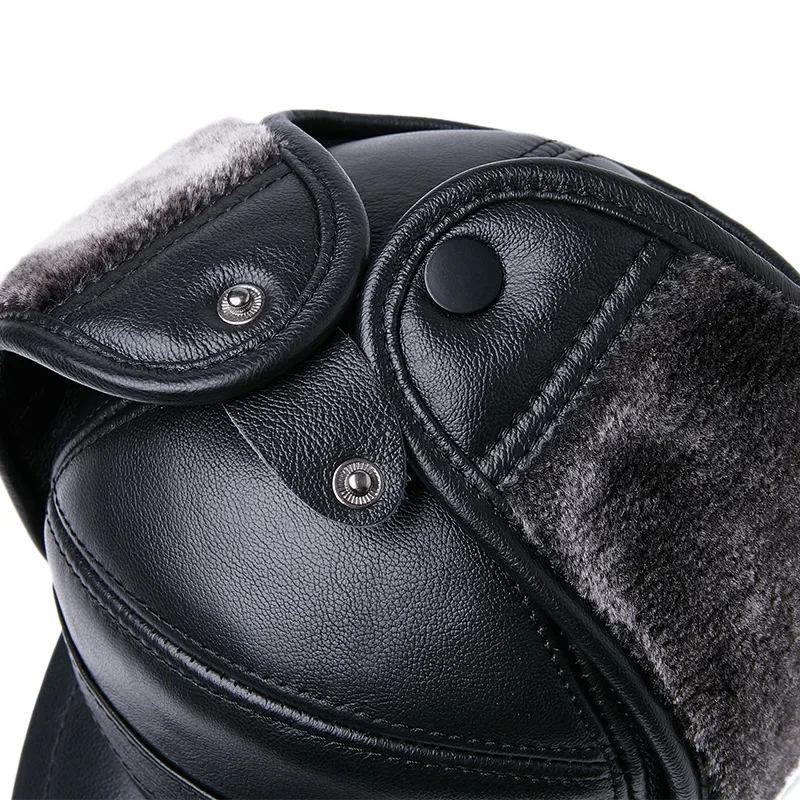 Top Trends: Winter Bomber Hat Men Russian Brown Leather Ushanka Cap With Ear Flaps Fur Warm Genuine Cow Leather Brand Baseball Cap Shoppable Styles - Image 6