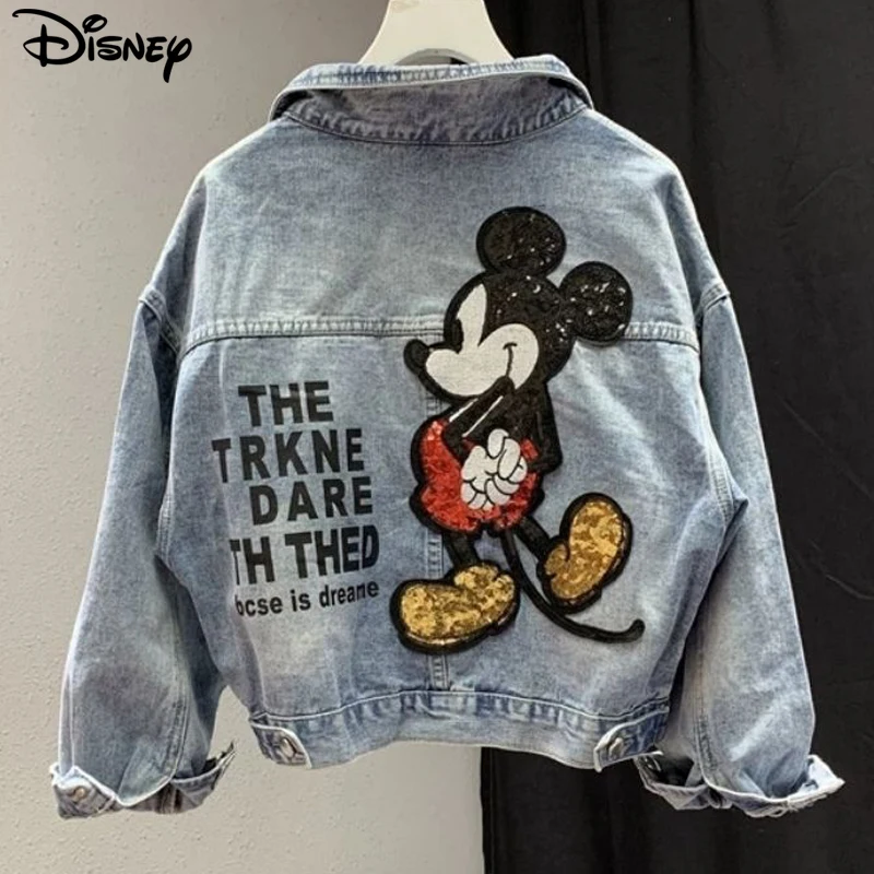 Top Trends: Disney New Arrival Top Fashion Autumn Cotton Loose Casual Cartoon Mickey Mouse Print Beaded Embroidery Destroy Wash Denim Jacket Shoppable Styles