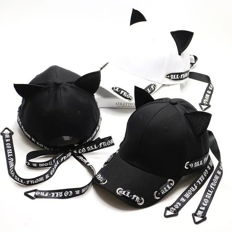 Top Trends: Punk Long Strap Cap Unisex Cat Ears Baseball Caps Women Streamer Cap Men Baseball Cap Brand Designer Caps Hip Hop Baseball Cap Shoppable Styles