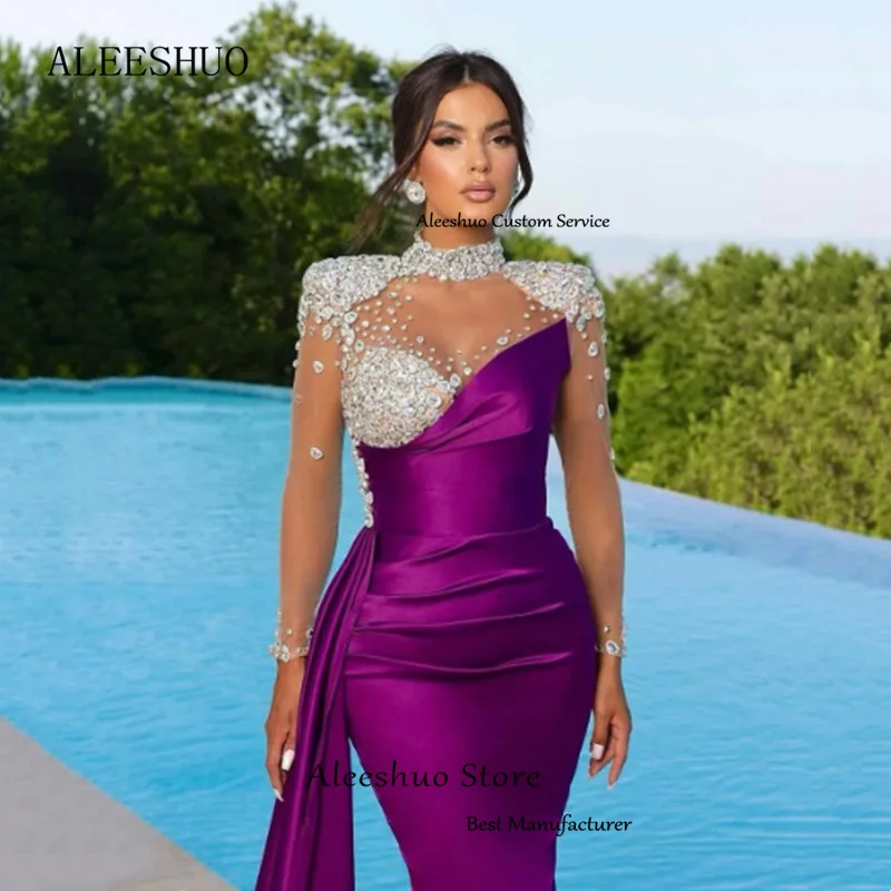 Top Trends: Aleeshuo Luxury Beading Mermaid Satin Prom Dresses Long Sleeve Halter Sweetheart Evening Dress Formal Occasions Vestido De Noche Shoppable Styles - Image 6