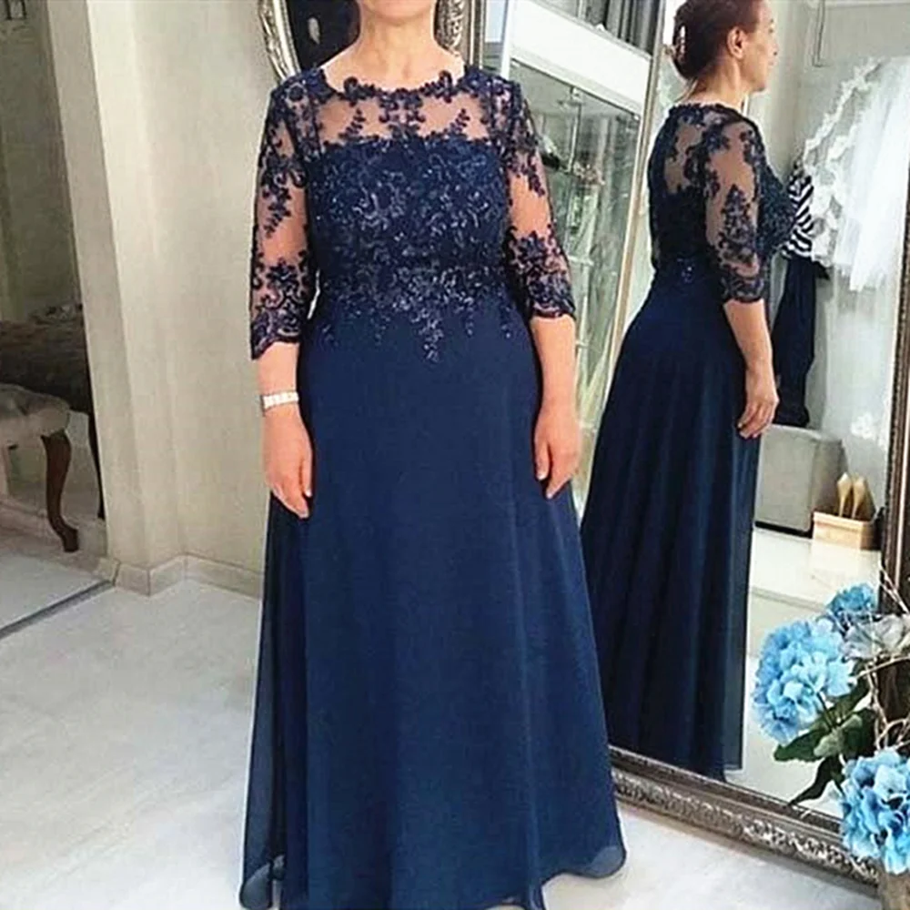 Top Trends: Navy Blue Elegant Mother Of The Bride Dress Chiffon Plus Size 3 / 4 Sleeves Appliques Long Groom Mother Dresses For Wedding Party Shoppable Styles