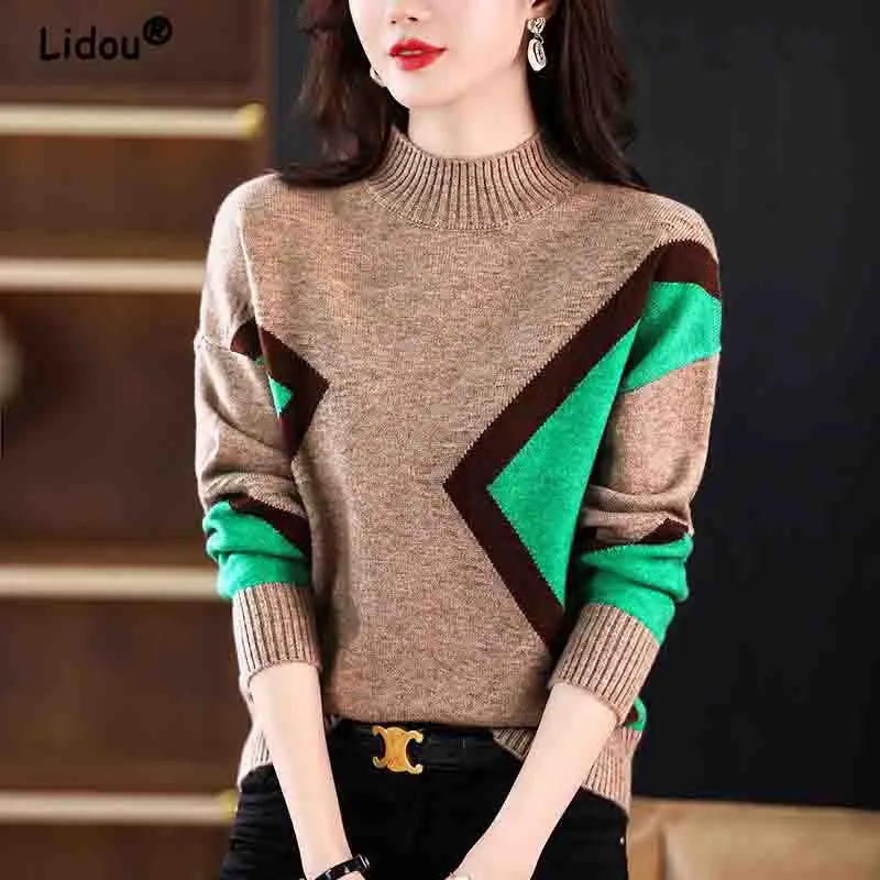 Top Trends: Autumn Winter Splicing Chic Knitted Half Turtleneck Sweater For Women 2022 Korean Thickening Popularity Pullover Top Oversized Shoppable Styles