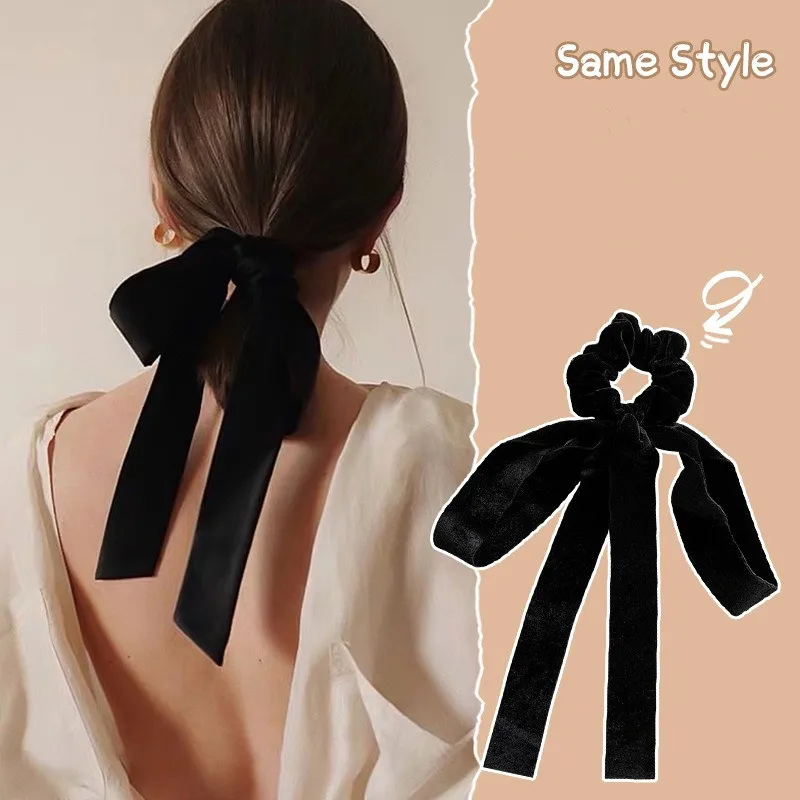 Top Trends: Korea Black Long Ribbon Bow Scrunchies Women Girls Elastic Hair Rubber Bands Accessories Tie Hair Ring Rope Headdress Headwear Shoppable Styles