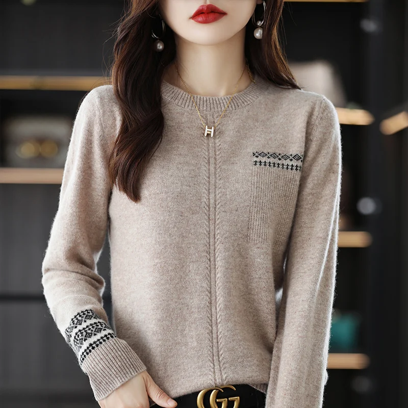 Top Trends: O-Neck Wool Knitted Sweater Women&#039;s Clean Face Jacquard Loose Pullover 2022 Autumn And Winter Chic Bottoming Cashmere Sweater Shoppable Styles