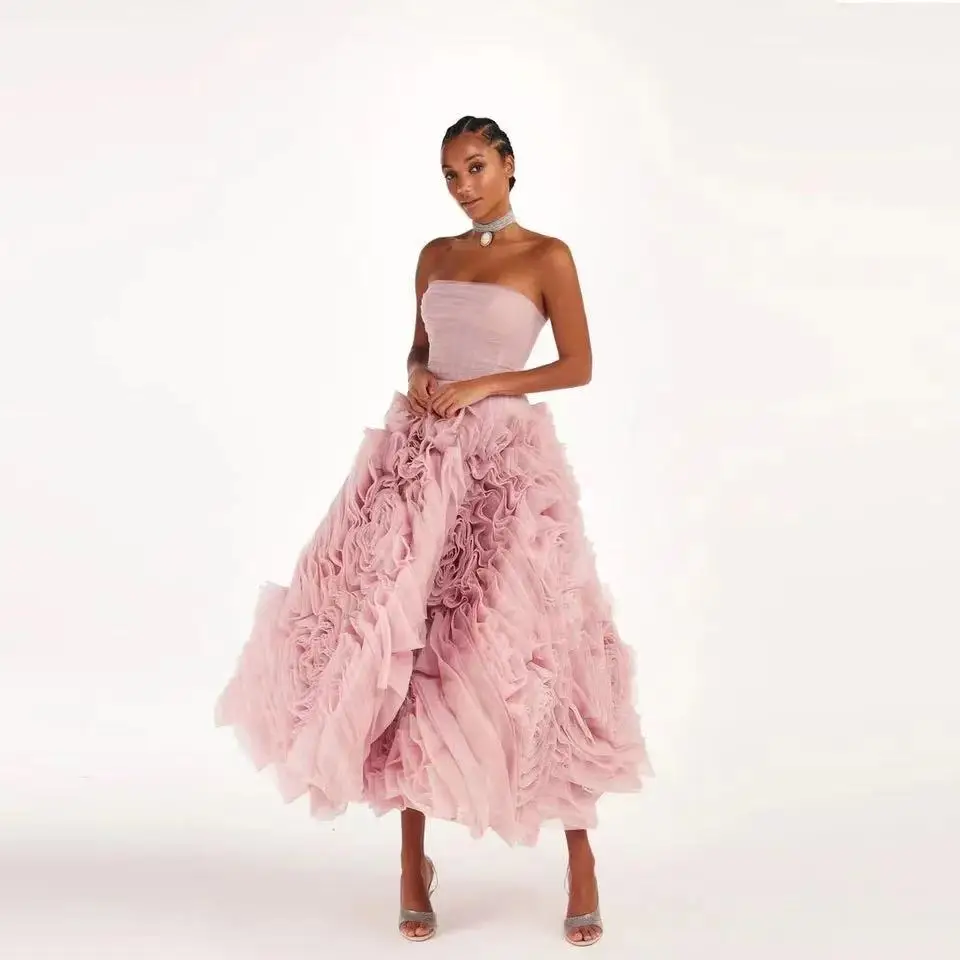 Top Trends: Baby Pink Strapless A Line Prom Party Dresses Pleats Flowers Tulle Tea Length Evening Dress Backless Elegant Women Formal Gowns Shoppable Styles