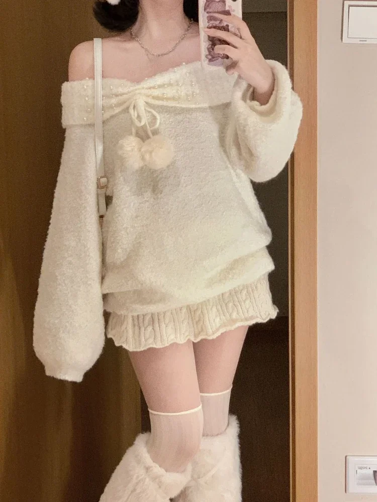 Top Trends: Wool Japanese Kawaii Two Piece Set Women Winter Warm Korean Sweet Skirt Sets Off Shoulder Pullover Sweater + Elastic Shorts 2024 Shoppable Styles