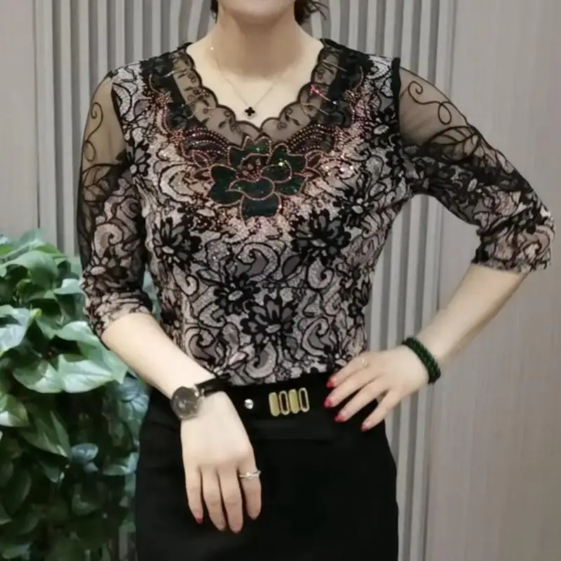 Top Trends: Sexy Lace Hollow Out Blouse Female Clothing Elegant V-Neck Spring Autumn Long Sleeve Slim Commute Floral Fashion Diamonds Shirt Shoppable Styles