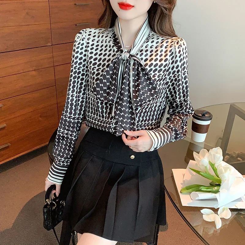 Top Trends: Chiffon Loose Women's Shirts New Fashion Blouses Casual Long Sleeve Blusas Houndstooth Buttons Bow Tie Autumn YCMYUNYAN Shoppable Styles