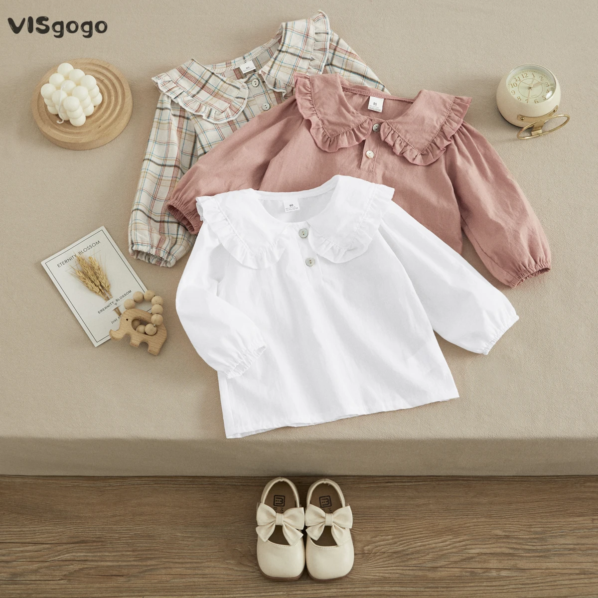 Top Trends: VISgogo Toddler Kids Girls Sweet Blouses Plaid / Solid Color Doll Collar Long Sleeve Shirts Spring Autumn Fashion Casual Tops Shoppable Styles