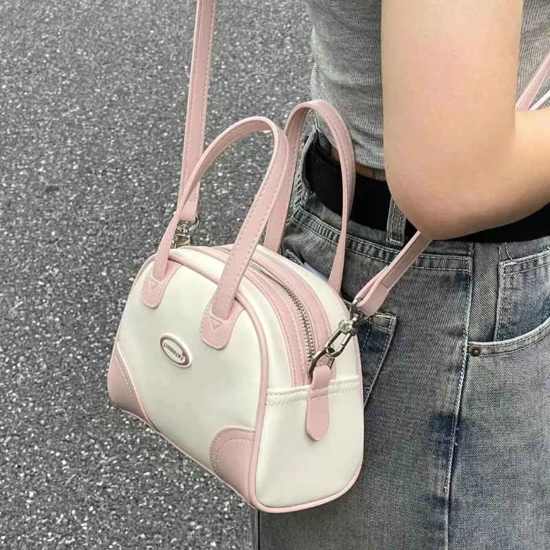 Top Trends: Xiuya Sweet Cute Handbags For Women Pu Leather Letter Pink White Boston Crossbody Bag New Vintage Elegant Bowling Shoulder Bag Shoppable Styles