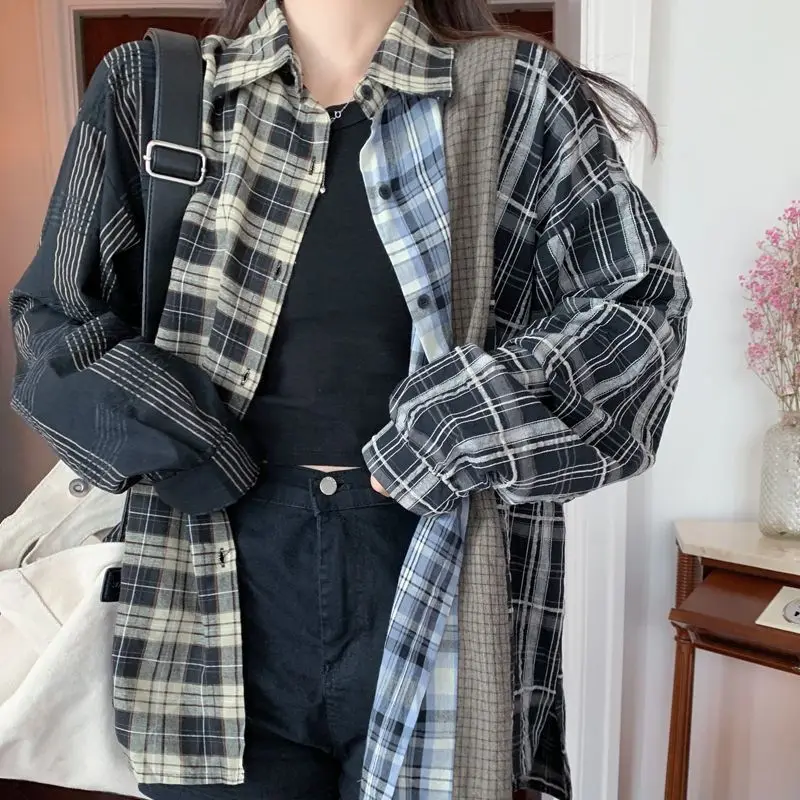 Top Trends: Vintage Patchwork Harajuku Oversized Shirt Men And Women Street Long Sleeve Lapel Autumn Blouse Casual Chic Button Plaid Shirt Shoppable Styles