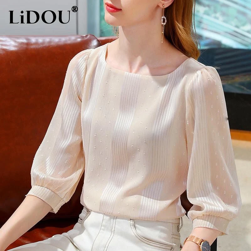 Top Trends: 2023 Spring Summer New Square Neck Solid Color Three Quarter Tee Shirt Women French Style Bright Silk Loose Casual Chiffon Shirt Shoppable Styles