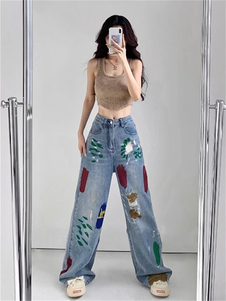 Top Trends: Women's Distressed Graffiti Design Vintage Wide Leg Jeans Casual American Street Pants Female High Waist Straight Denim Trousers Shoppable Styles