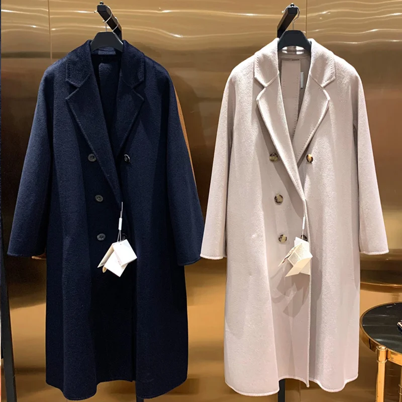 Top Trends: High-end Cashmere Coat Ladies Winter Long Beige Coat Slim-fit Belt Coat Autumn Navy Blue Coat Double-Breasted Hand-Stitched Shoppable Styles