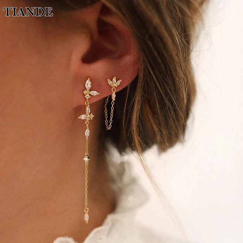 Top Trends: TIANDE Exquisite Zircon Tassel Chain Dangle Earrings For Women Fashion Gold Plated Pierced Ear Stud Earrings Jewelry Accessories Shoppable Styles