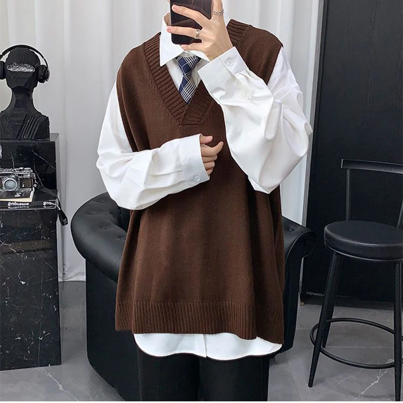 Top Trends: Vintage Autumn Winter Men V Neck Sweater Vest Knitted Harajuku Casual Oversized High Quality Matching Pullover Solid School Top Shoppable Styles