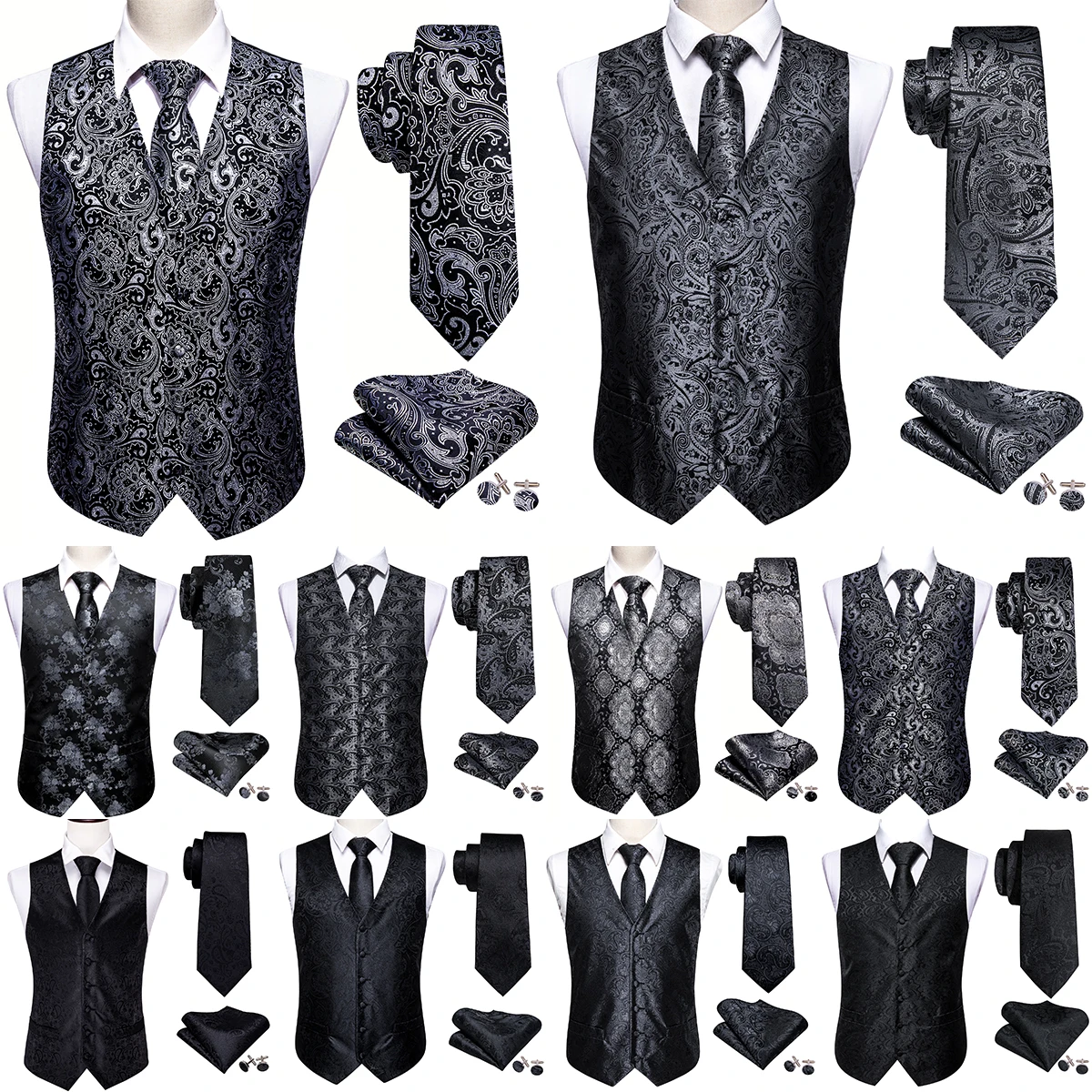 Top Trends: Elegant Mens&#039;s Vest Silk Black Silver Pasley Floral Dress Suit Waistcoat Tie Bowtie Set Sleeveless Jacket Formal Barry Wang Shoppable Styles