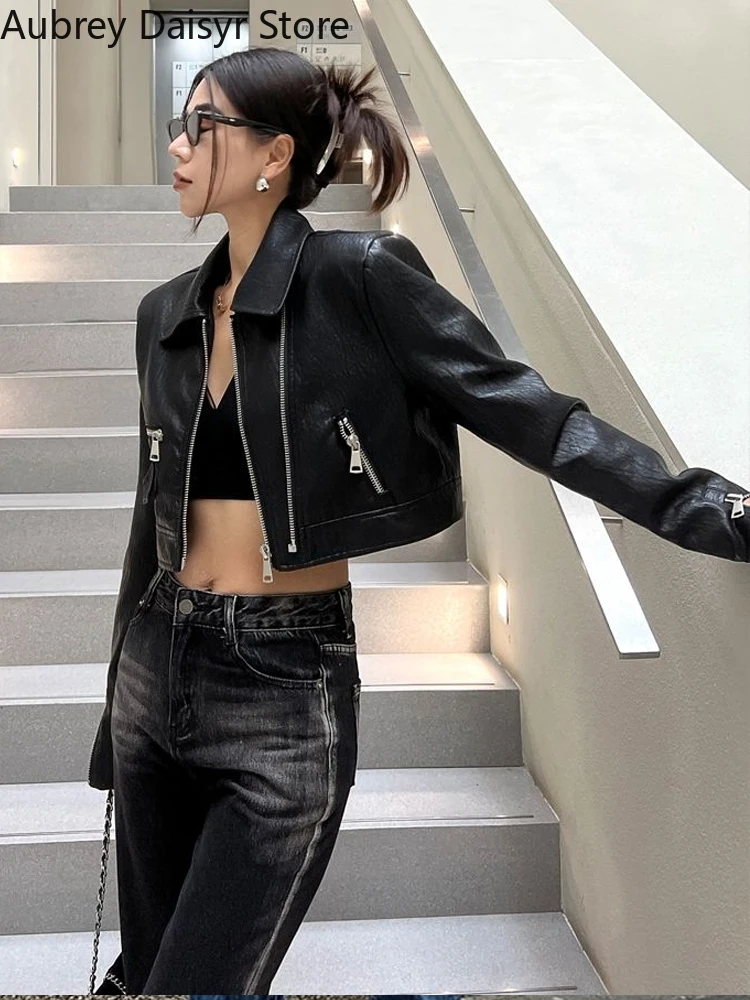 Top Trends: Punk Black Leather Jacket Women High Street Cropped Biker Zipper Leather Jacket Streetwear Casual Designer Thin Winter Coat 2023 Shoppable Styles